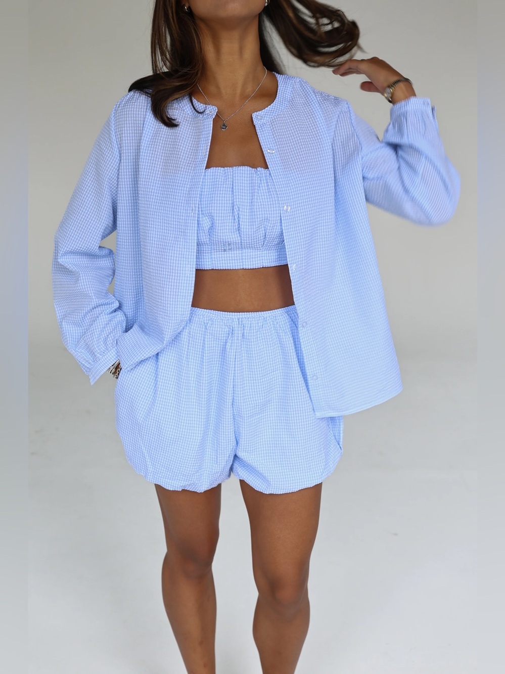 🆕 Light Blue Oversized Gingham Collarless Button Up Blouse - Picture 6 of 9
